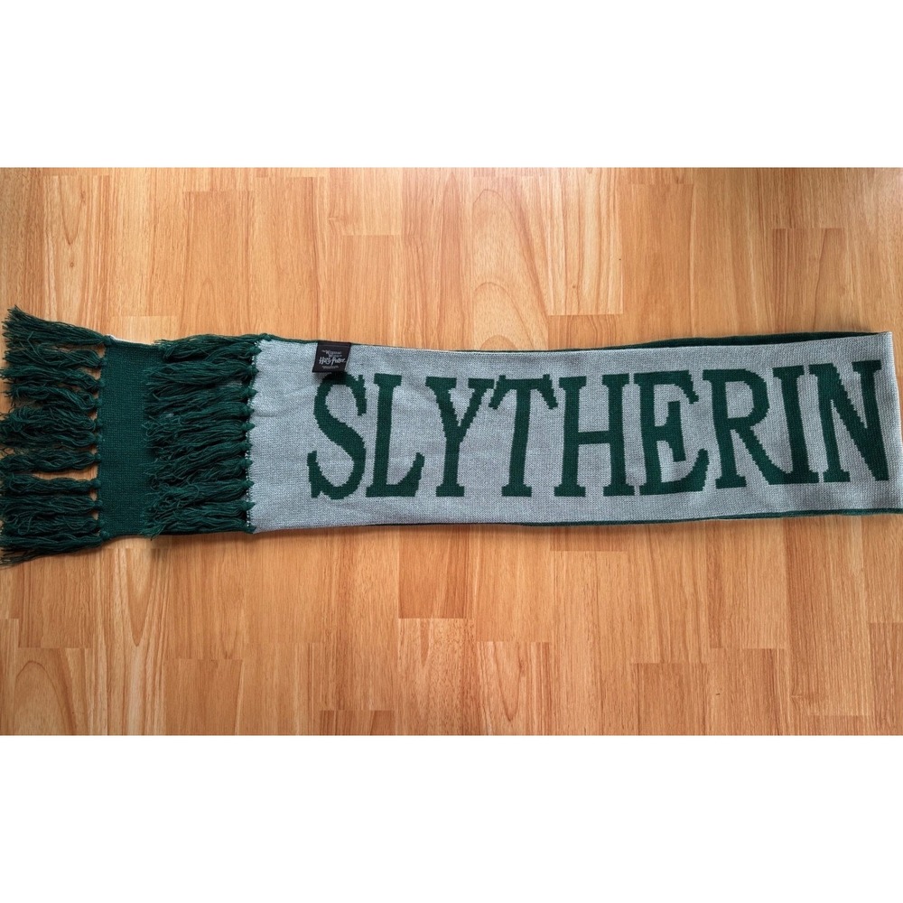Universal Studios Harry Potter Slytherin Scarf Green Gray Snake Logo Fringe